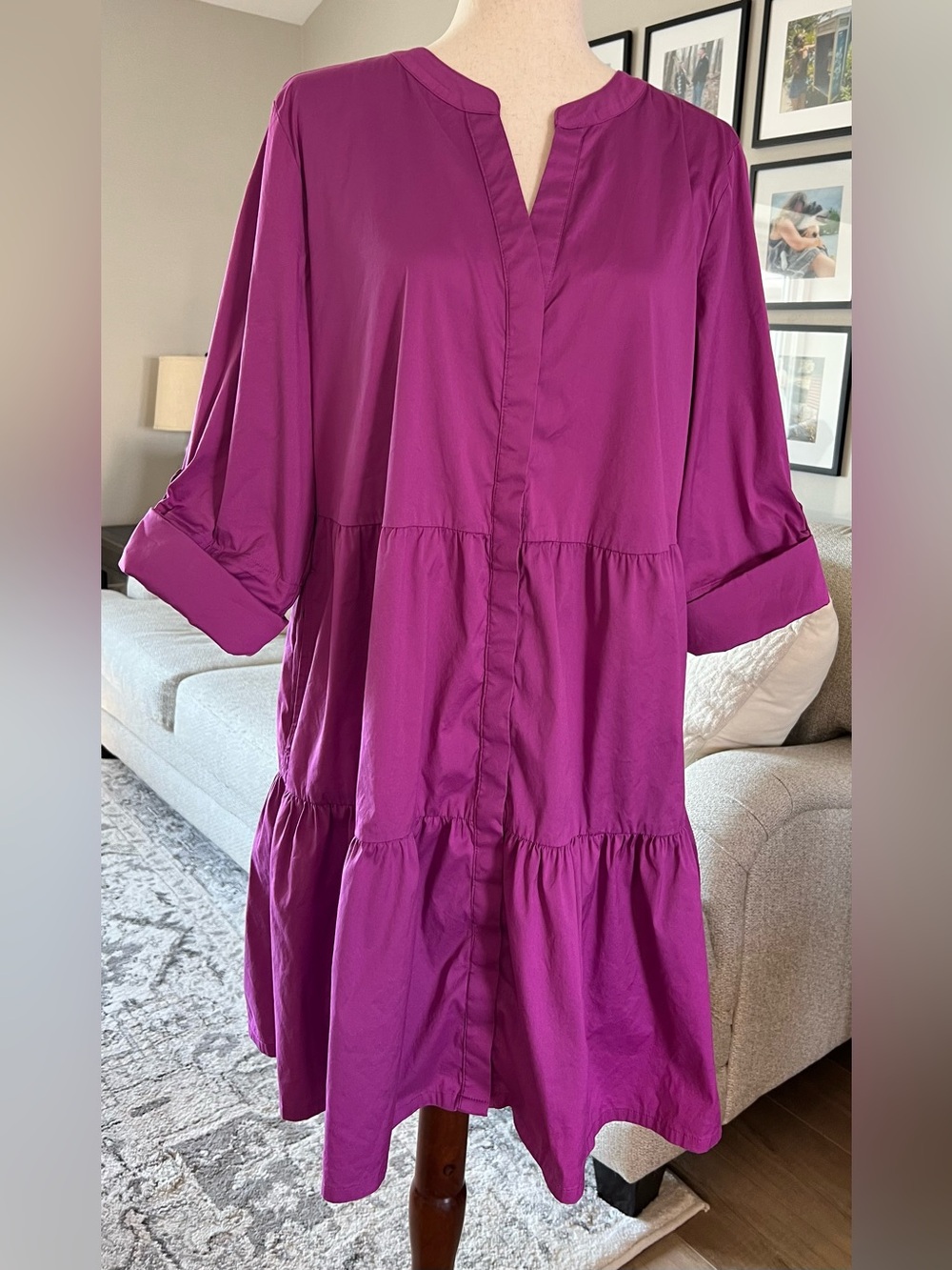 Chico’s Tiered Midi Tab Cuffed Sleeve Magenta Stretch Pockets Dress Size 2.5 14